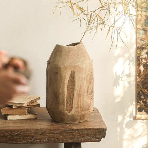 Carved Parasol Wood Vessel Vase