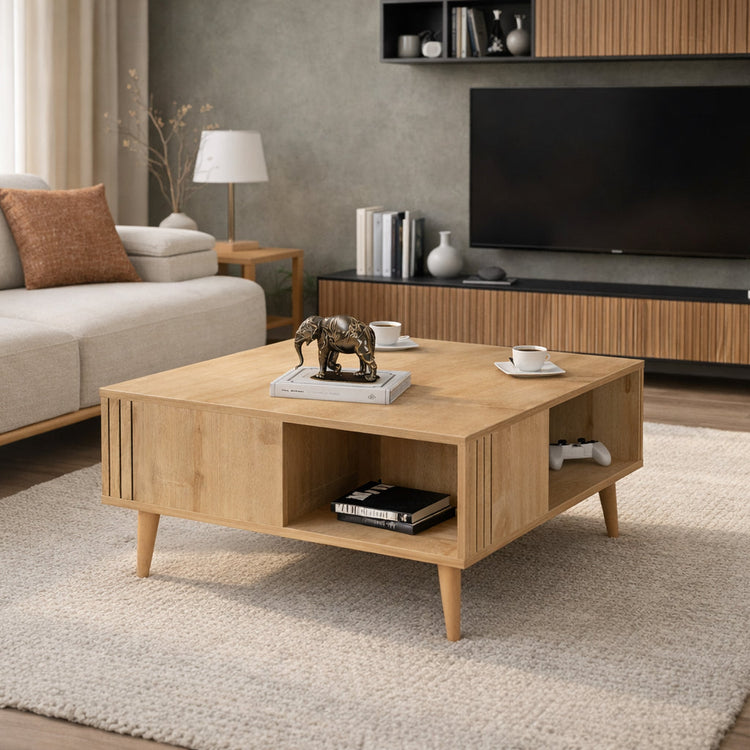 Grooved Square Wood-Grain Coffee Table