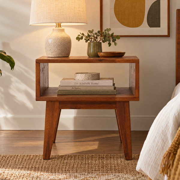 A mid-century modern wooden nightstand with an open shelf, styled in a warm, sunlit bedroom next to a bed with white linens and a mustard yellow knit throw blanket.