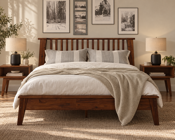 A warm wood bed frame with a slatted headboard and matching footboard, styled in a cozy, sunlit bedroom with white linens, a beige throw blanket, matching nightstands, and framed wall art.
