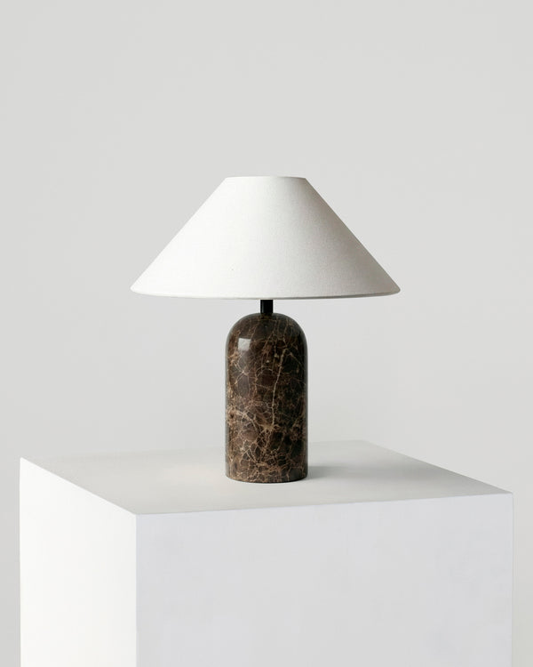 Natural Stone Arch Table Lamp — Arch stone base lamp in brown marble or travertine with fabric shade