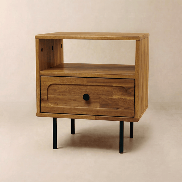 Solid Wood Single-Drawer Nightstand — Solid Hevea wood nightstand with open shelf, drawer, and steel legs