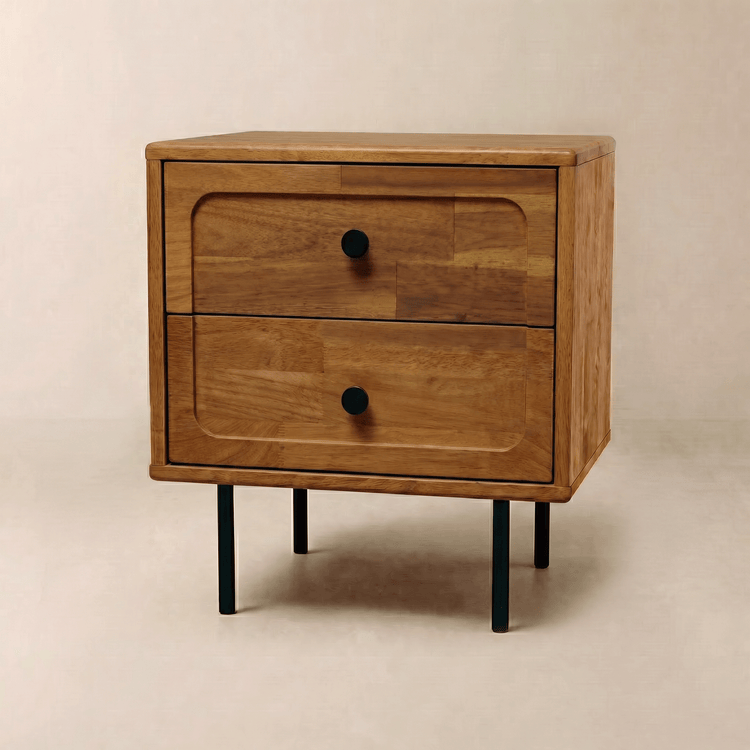 Solid Wood 2-Drawer Nightstand — Solid Hevea wood nightstand with two drawers and matte-black metal legs