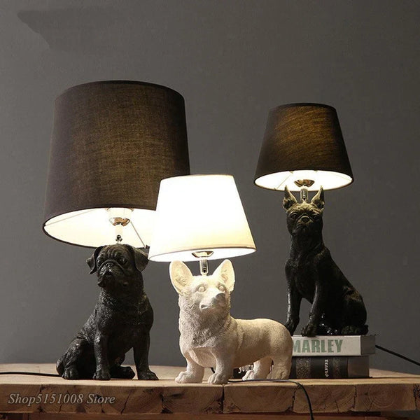 Sculptural Resin Dog Table Lamp — Cast resin dog figure lamp with fabric drum shade, in black or white
