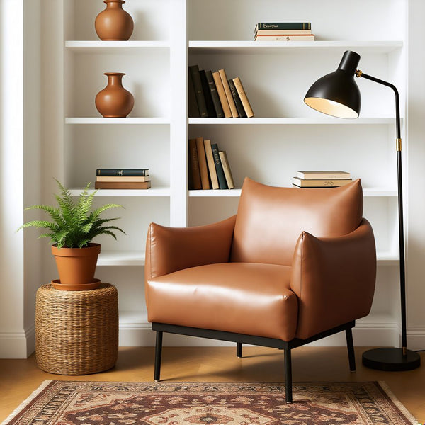 Cognac Faux Leather Club Chair — Cognac faux leather club chair with powder-coated steel legs and deep cushioning