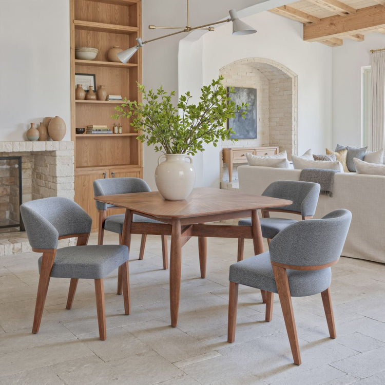 Starburst-Top Rubberwood Square Dining Table — Square rubberwood dining table with starburst top and tapered legs