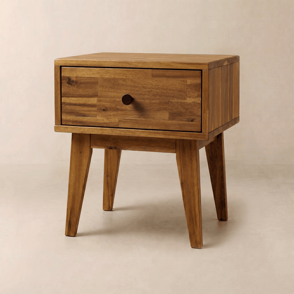 Mid-Century Wood Nightstand — Tapered-leg wood nightstand with single drawer, in three warm finishes