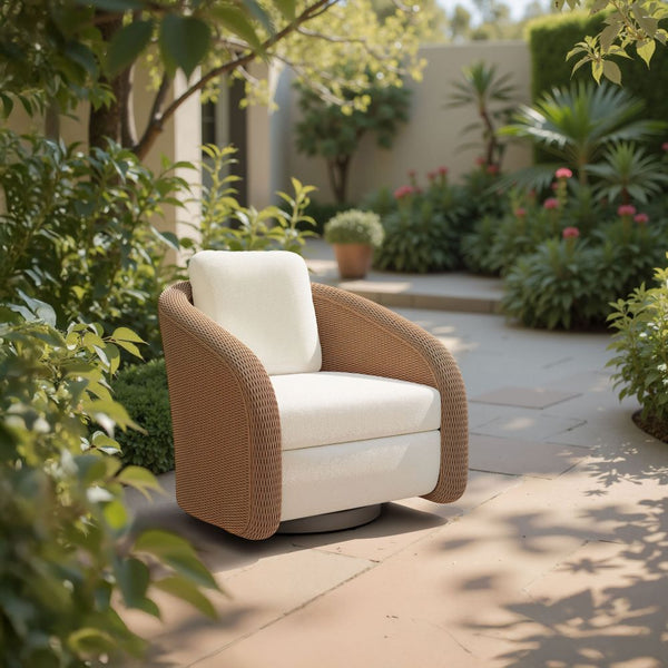 Woven Rattan-Weave Outdoor Swivel Chair — Sculptural woven swivel chair with ivory olefin cushions for outdoor living