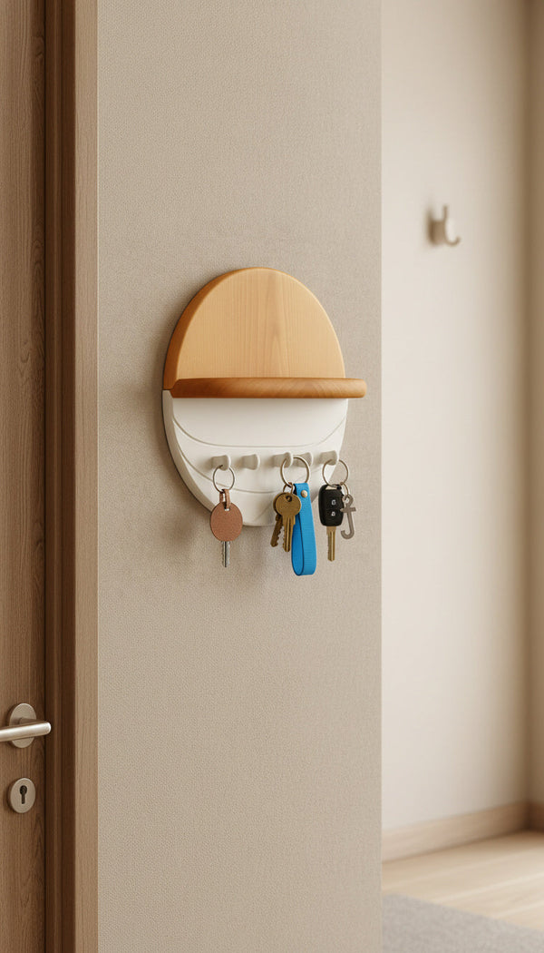 Wood-Grain Wall Key Holder with Shelf