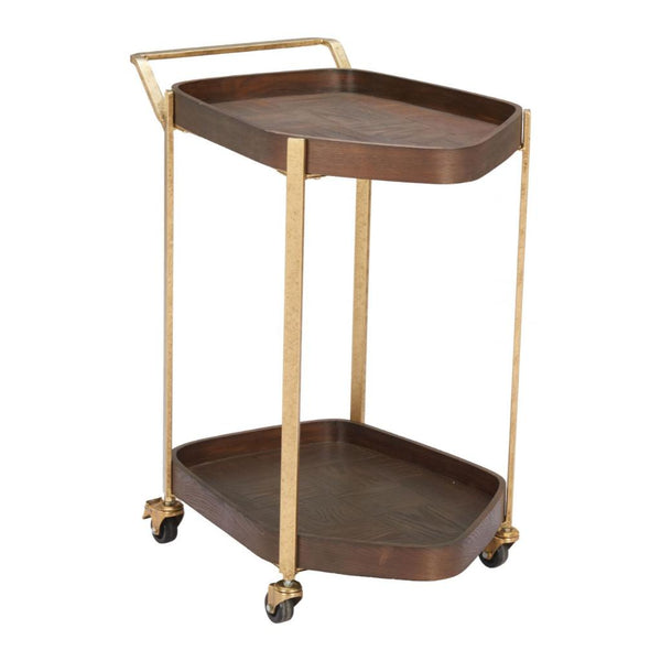 Wood-Grain Tray Two-Tier Bar Cart — Two-tier rolling bar cart with wood-grain trays and a gold-tone steel frame