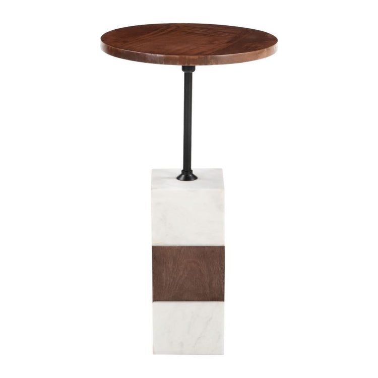 Marble and Mango Wood Round Side Table — Round mango wood top on a striped marble and iron pedestal base