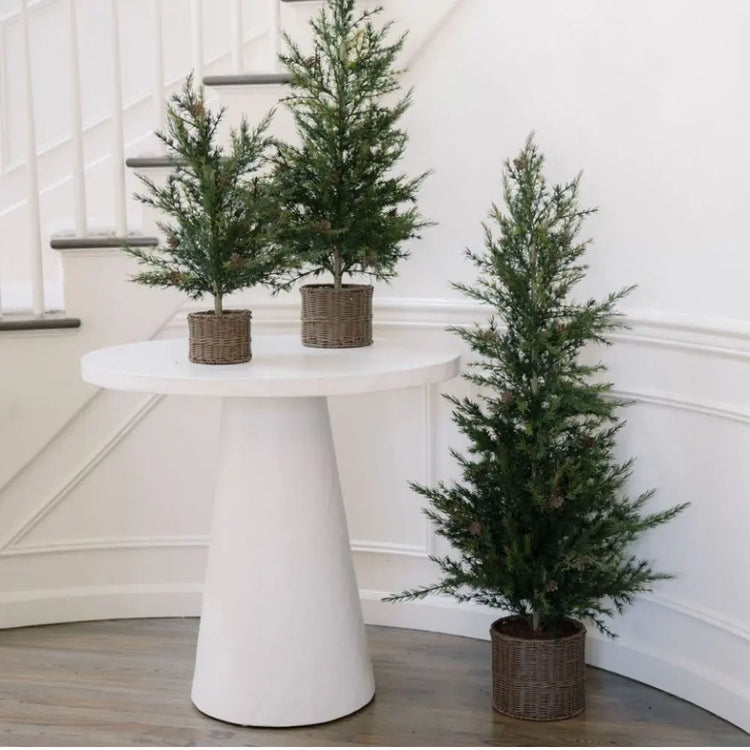 Faux Pine Tree in Woven Basket