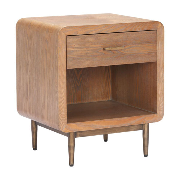 Rounded Wood-Grain Nightstand — Rounded oak-grain nightstand with brass-tone drawer pull and open lower shelf