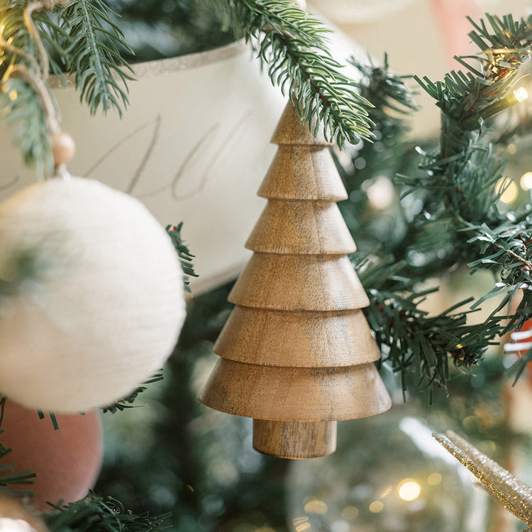 Carved Wood Tree Christmas Ornament Set
