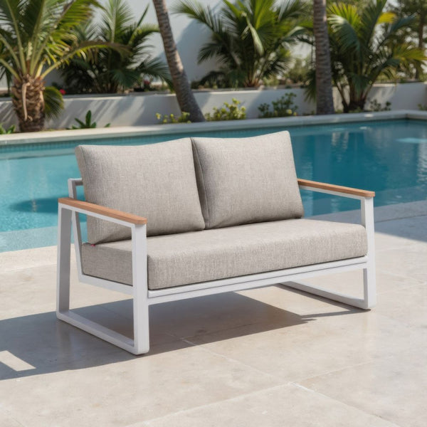 Olefin Cushion Powder-Coat Outdoor Loveseat — Powder-coated aluminum loveseat with taupe olefin cushions and wood-grain