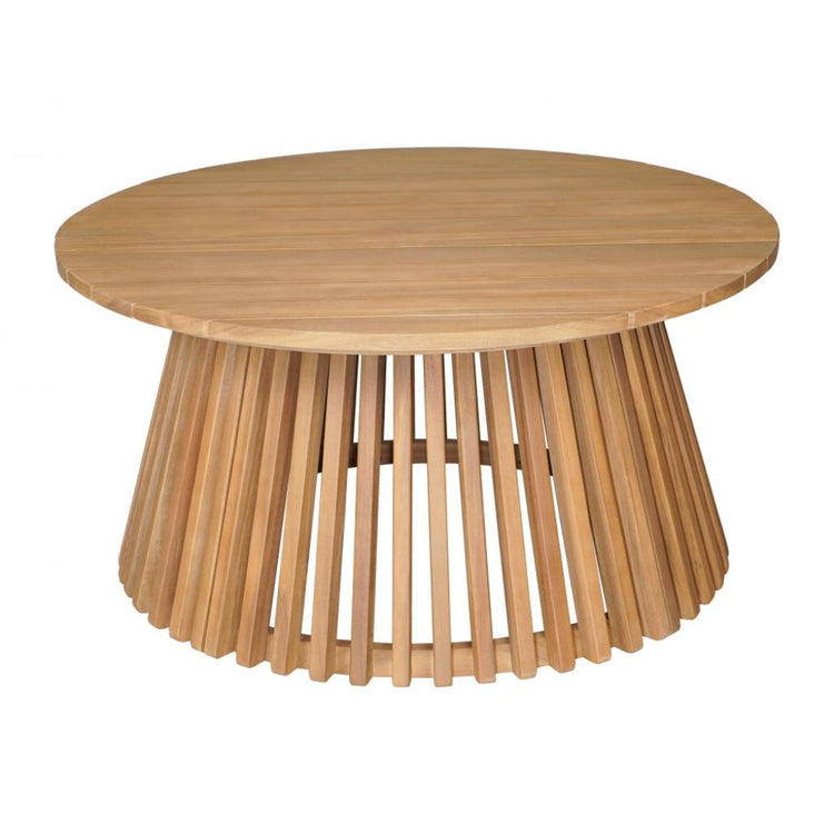 Slatted Acacia Round Coffee Table — Round acacia coffee table with slatted drum base in natural finish