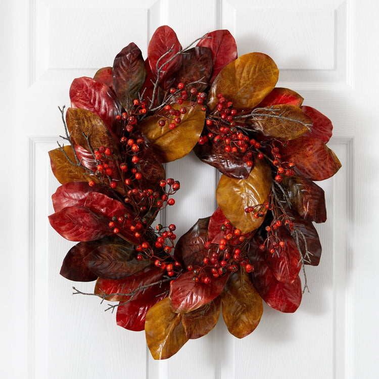 Harvest Magnolia Leaf and Berry Artificial Wreath, 24 in