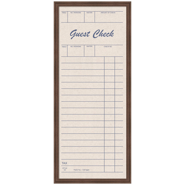 Guest Check Linen Fabric Pinboard — Linen pinboard with vintage guest check print, in a wood-grain finish frame