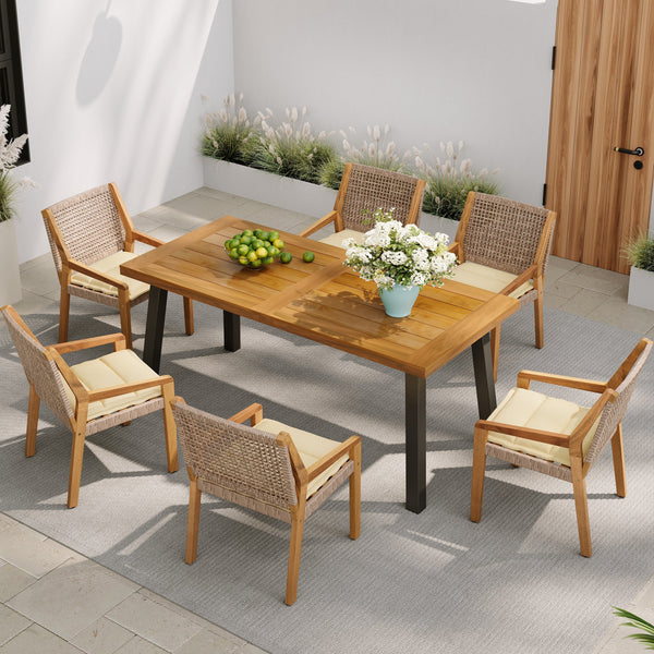 Acacia and Woven Wicker Outdoor Dining Set — Acacia plank table and six wicker armchairs for unhurried outdoor dining