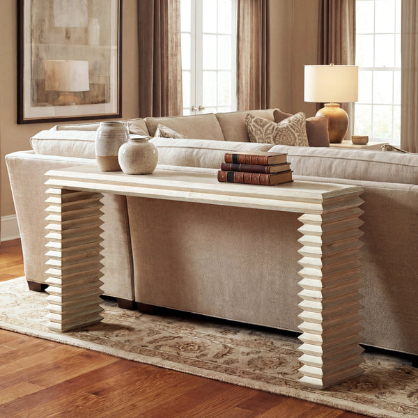 Whitewashed Stacked Geometric Wood Console Table — Sculptural reclaimed pine console with stacked geometric legs and
