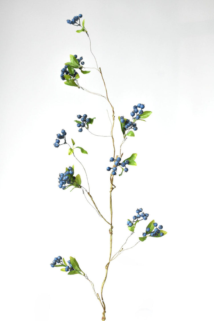 Dusty Blue Faux Berry Stem — Wired faux berry stem in dusty blue with bark finish and fabric leaves