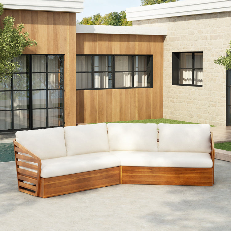 Acacia Wood V-Sectional Outdoor Sofa — Corner-set acacia sectional with cream cushions for patios and garden terraces
