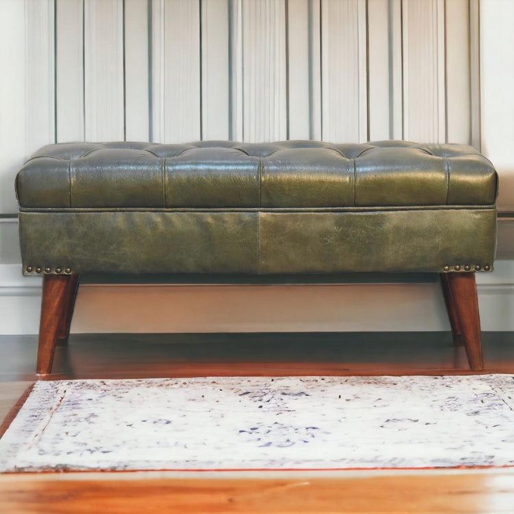Tufted Leather Upholstered Mango Wood Bench