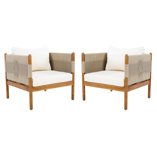 Rope-Wrapped Acacia Outdoor Club Chairs — Acacia and rope outdoor club chairs with cushions, sold as a set of two