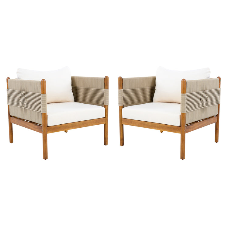 Rope-Wrapped Acacia Outdoor Club Chairs — Acacia and rope outdoor club chairs with cushions, sold as a set of two