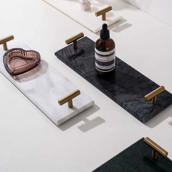 Marble Tray with Brass Handles — Natural marble tray with brass-tone handles in three stone colorways