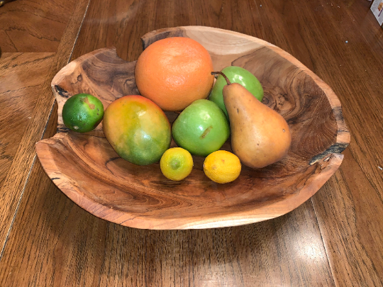 Live Edge Hand-Carved Teak Bowl — Hand-carved teak root bowl with live edge and food-safe beeswax finish