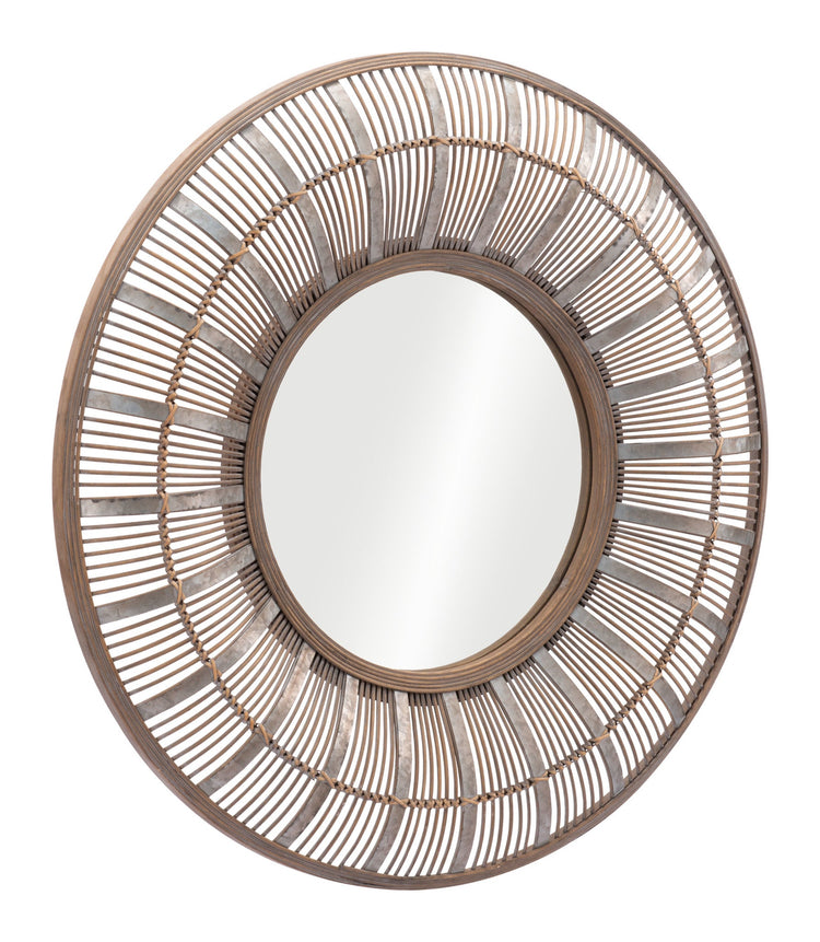 Antique Brown Rattan Weave Round Wall Mirror