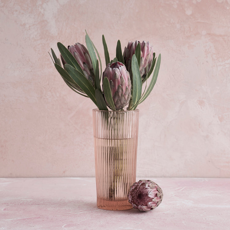 Ribbed Pink Glass Column Vase