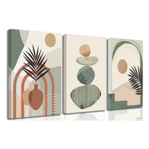 Three abstract art prints with geometric shapes and plant elements on a white background