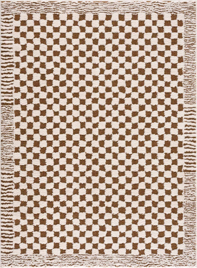 Brown Checkered High Pile Rug