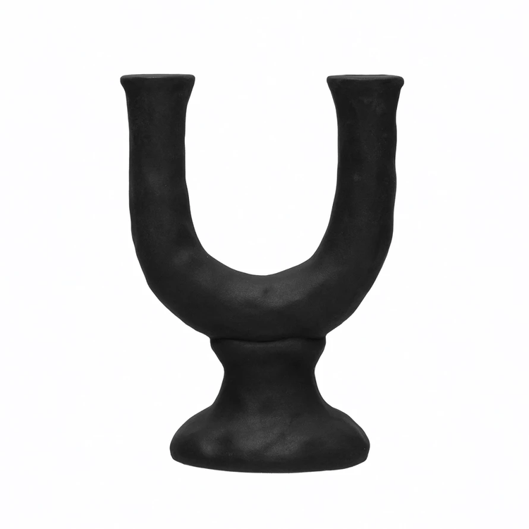 Stoneware Double Taper Candle Holder in Chocolate styled on a table with linen and ceramics