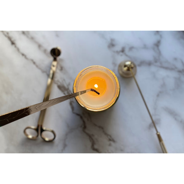 Brass-Finish Candle Care Tool Set — Three-piece brass-finish set for trimming, snuffing, and wick-dipping