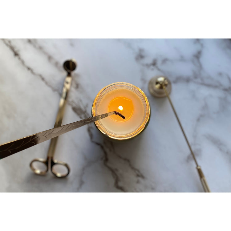 Brass-Finish Candle Care Tool Set — Three-piece brass-finish set for trimming, snuffing, and wick-dipping