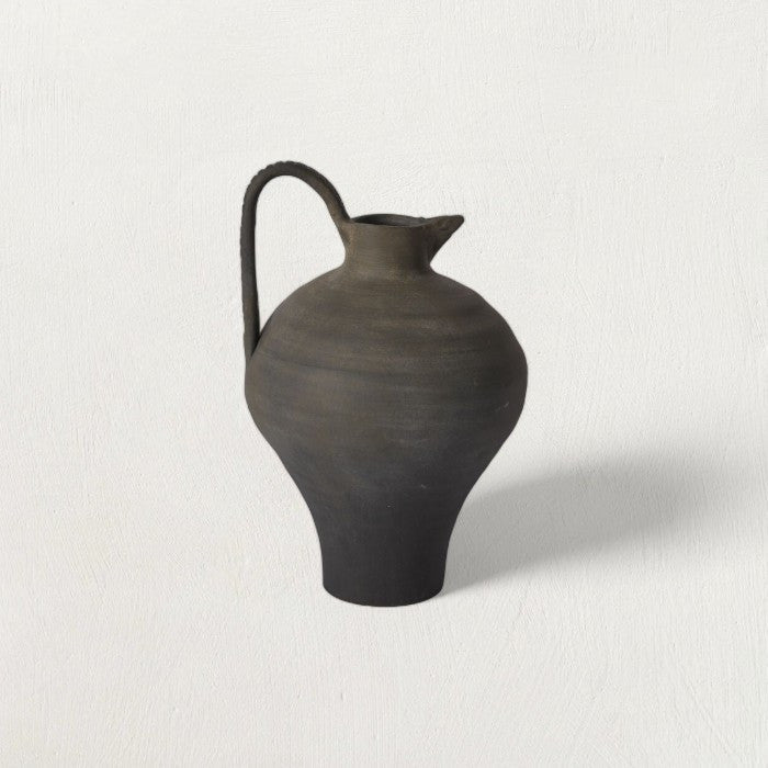Matte Charcoal Terracotta Jug — Hand-shaped terracotta jug with matte charcoal wash and arched handle