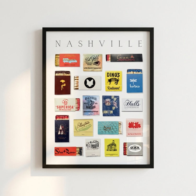 Nashville Matchbook Framed Print — Framed matchbook art celebrating Nashville's iconic bars and dining spots