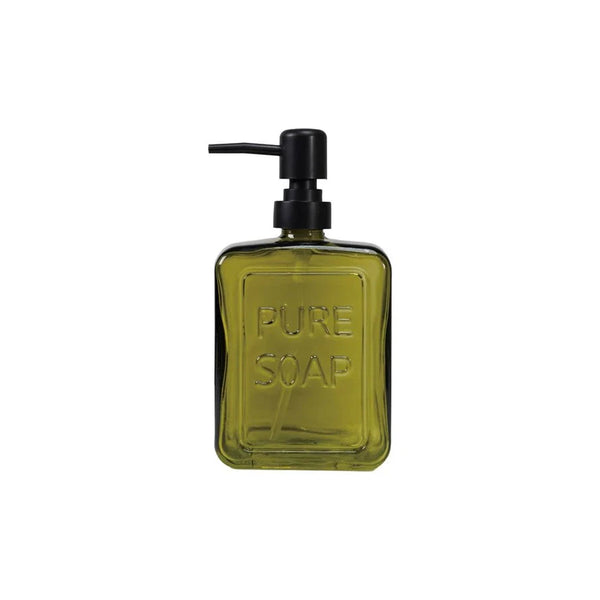Olive Green Glass Soap Dispenser – “Pure Soap” Design styled on a marble bar cart with glassware