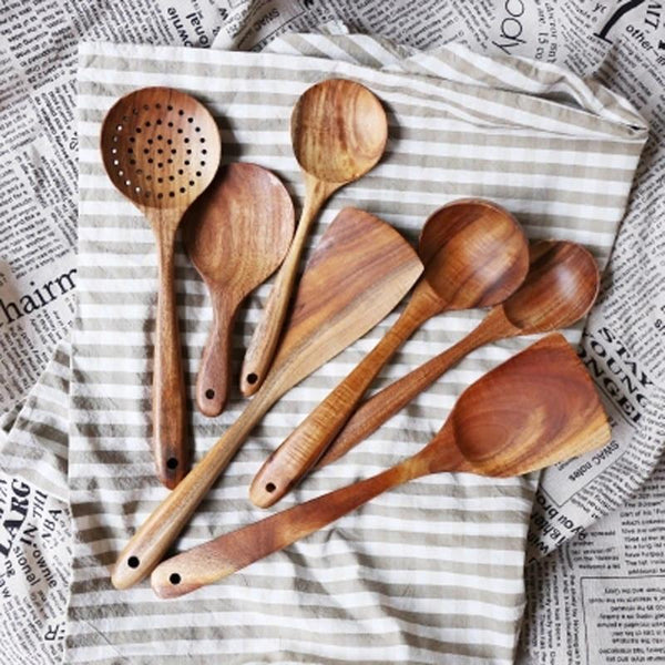 Teak Wood Cooking Utensil Set — Seven-piece teak-grain set, gentle on cookware, shaped for daily use