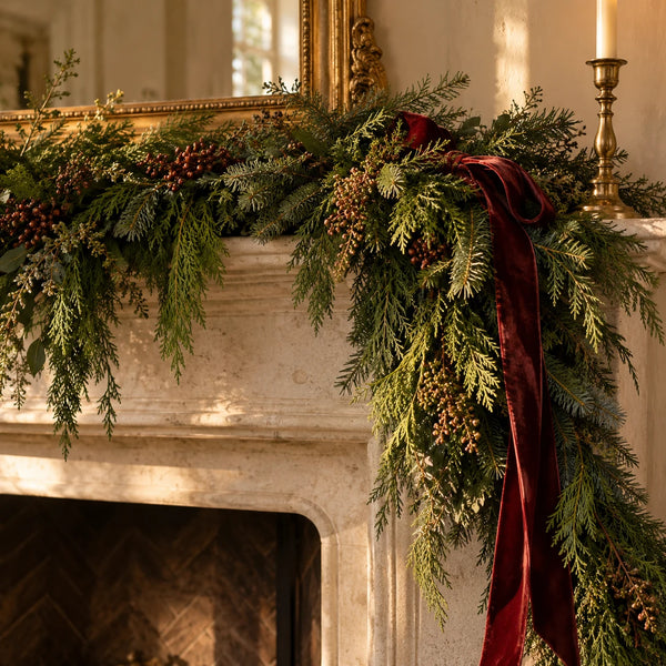 Evergreen garland draped over a limestone mantel