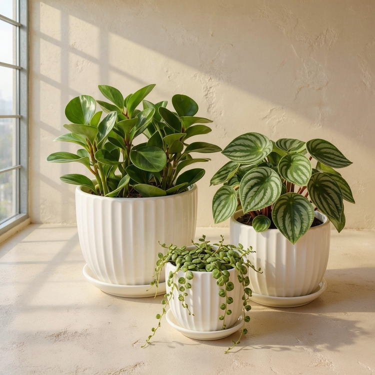 Fluted White Ceramic Planter Set against cream microcement with warm steel-window grid shadows