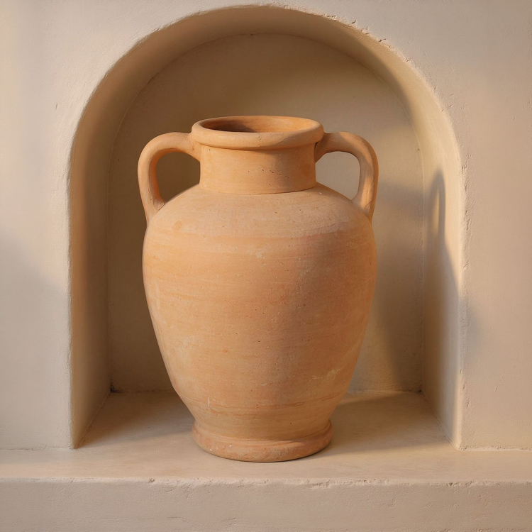 12-Inch Terracotta Amphora Vase with Loop Handles in a cream plaster niche with warm natural side light