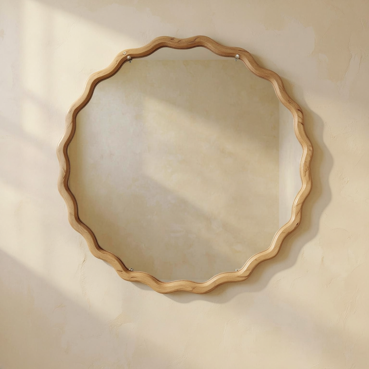 Wavy Edge Wood Round Wall Mirror against cream limewash with a softly reflected room