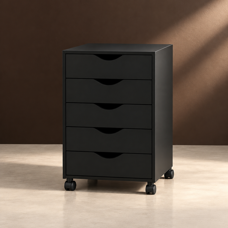 Matte Black Five-Drawer Rolling Cabinet against a matte espresso wall on pale polished concrete