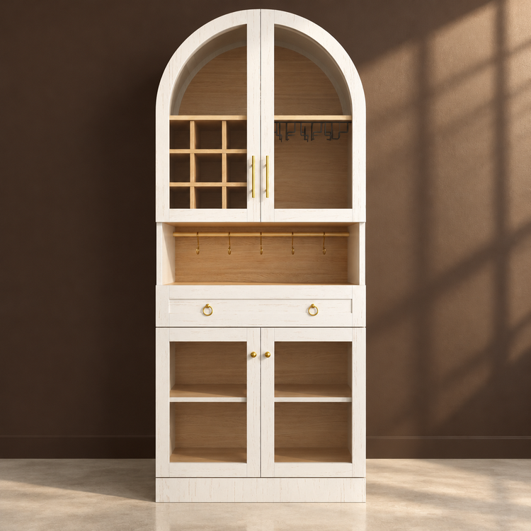 Arched Glass-Door Bar Cabinet against a matte espresso wall on pale polished concrete