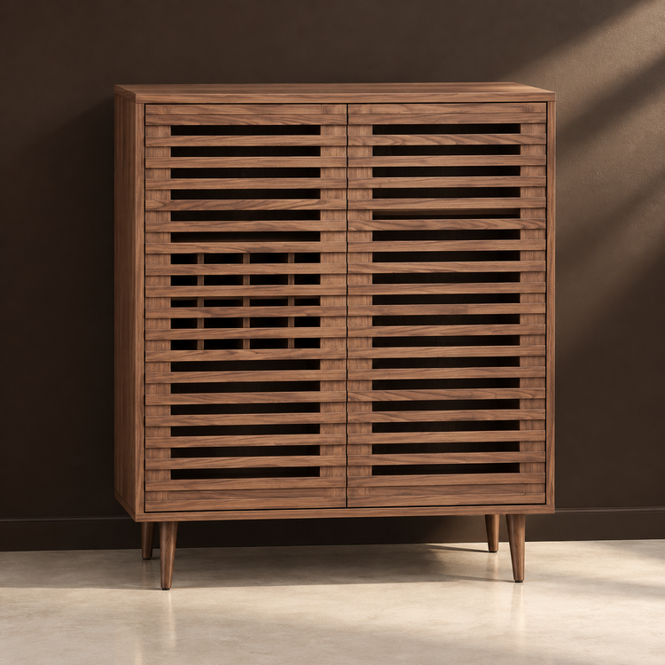 Walnut Slatted-Door Bar Cabinet with Wine Racks against a matte espresso wall on pale polished concrete
