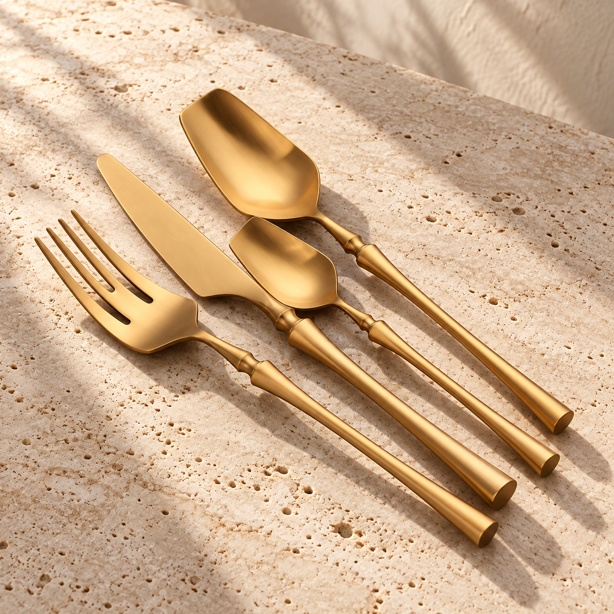 Bamboo-Handle Matte Stainless Flatware Set on a sunlit pale travertine counter
